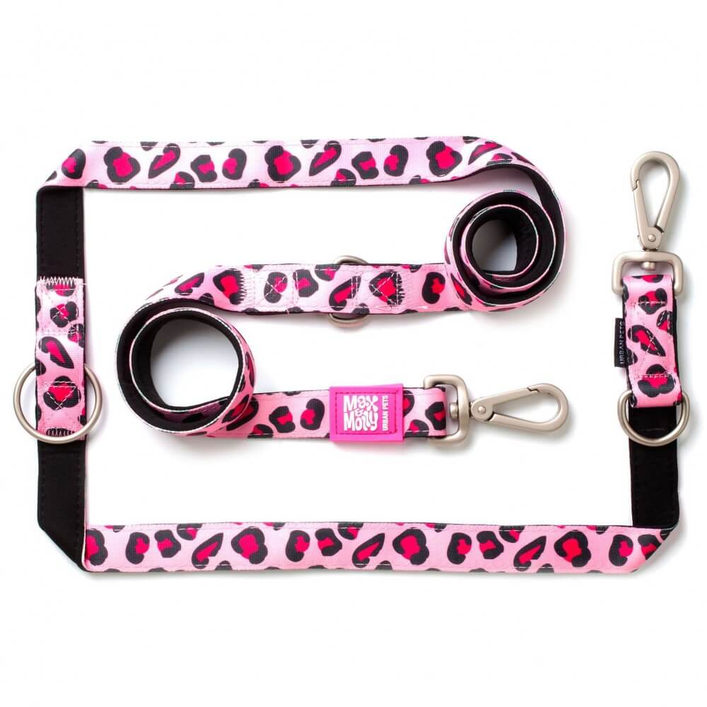 leopard_pink_multi-function-leash-max-molly-locopaws-1000x1000-1 ΟΔΗΓΟΣ ΠΕΡΙΠΑΤΟΥ MULTI LEASH MAX & MOLLY PINK LEOPARD-Small - Image 1